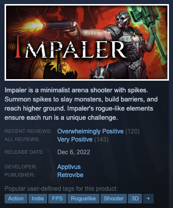 Screenshot of Impaler Steam page