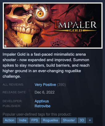 Screenshot of Impaler Gold Steam page